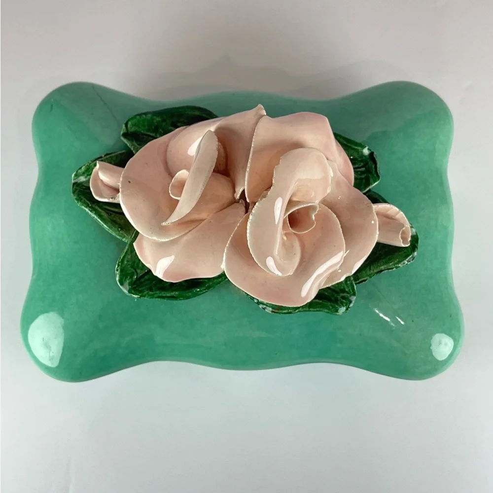 Vintage turquoise porcelain pink roses trinket jewelry box